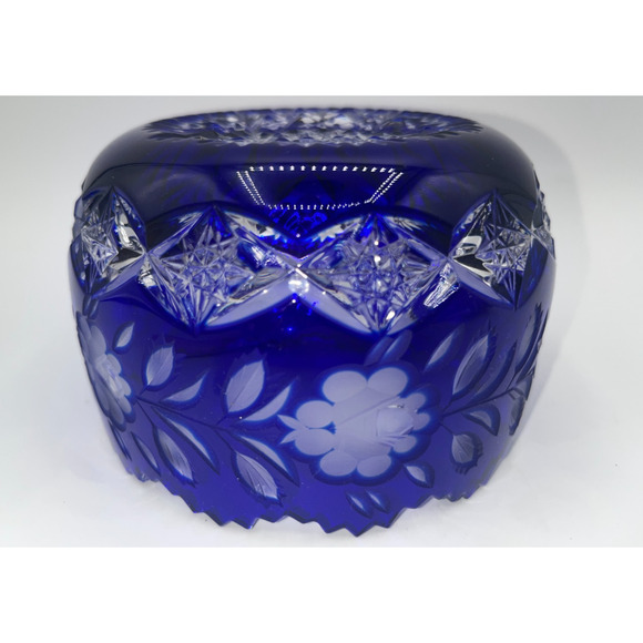 Vintage Czech Bohemian Blue Cobalt Cut to Clear Oval Sawtooth Crystal Bowl - Picture 13 of 16